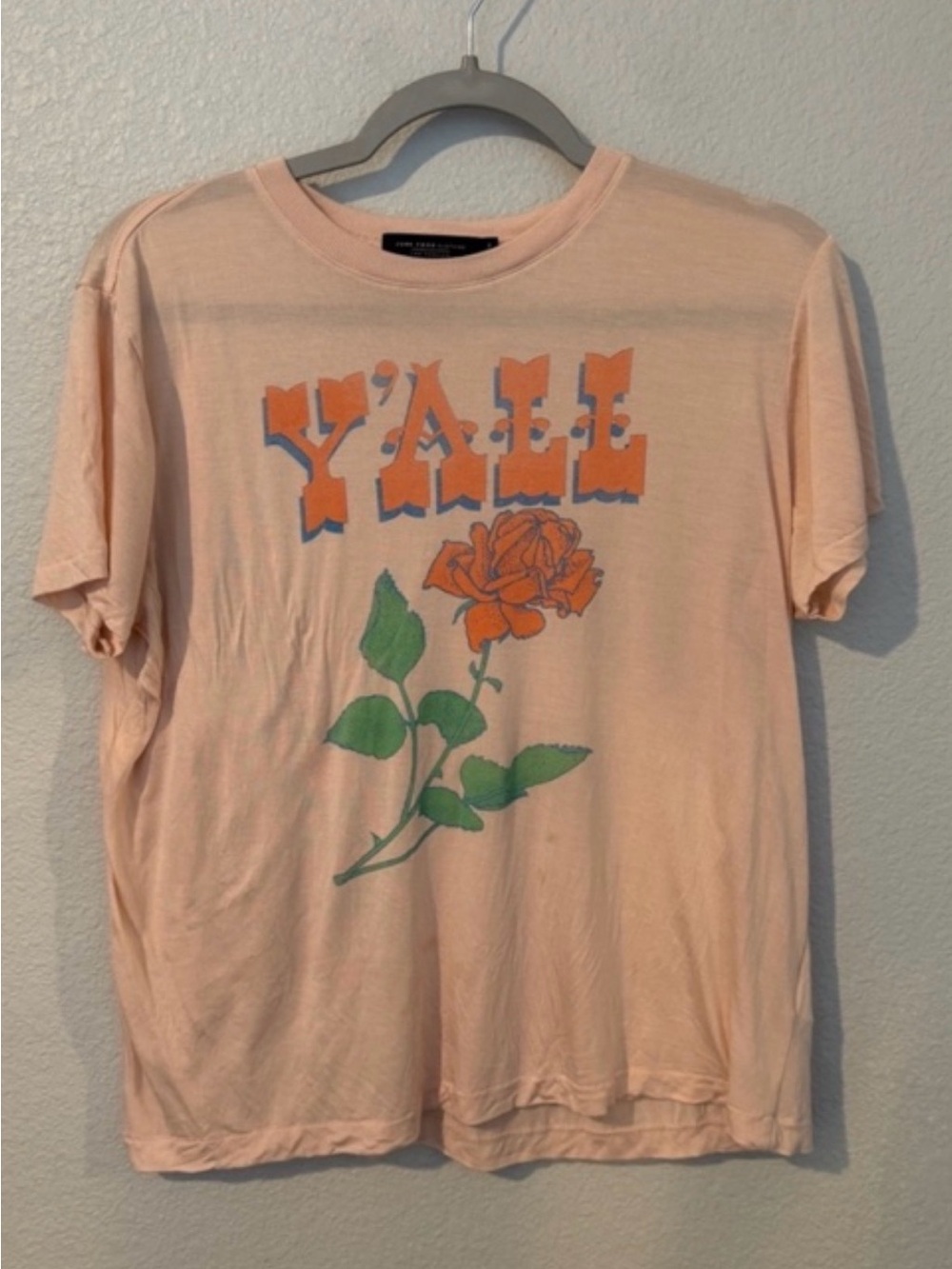 Junk Food Y’ALL Rose Graphic Semi-Sheer Peach Tee Small